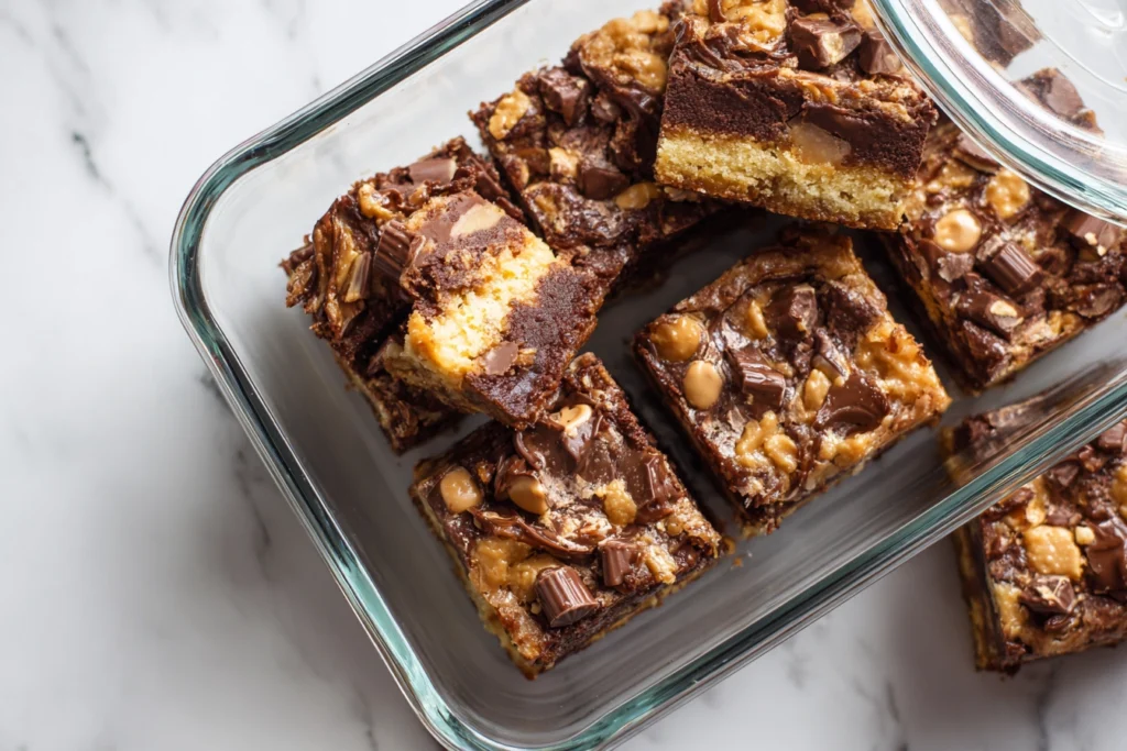 leftover peanut butter cup dump cake delight pieces stored neatly in a glass container