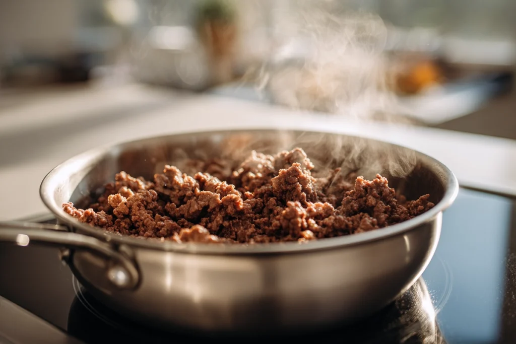 Ground beef browning in a pot for pepper soup