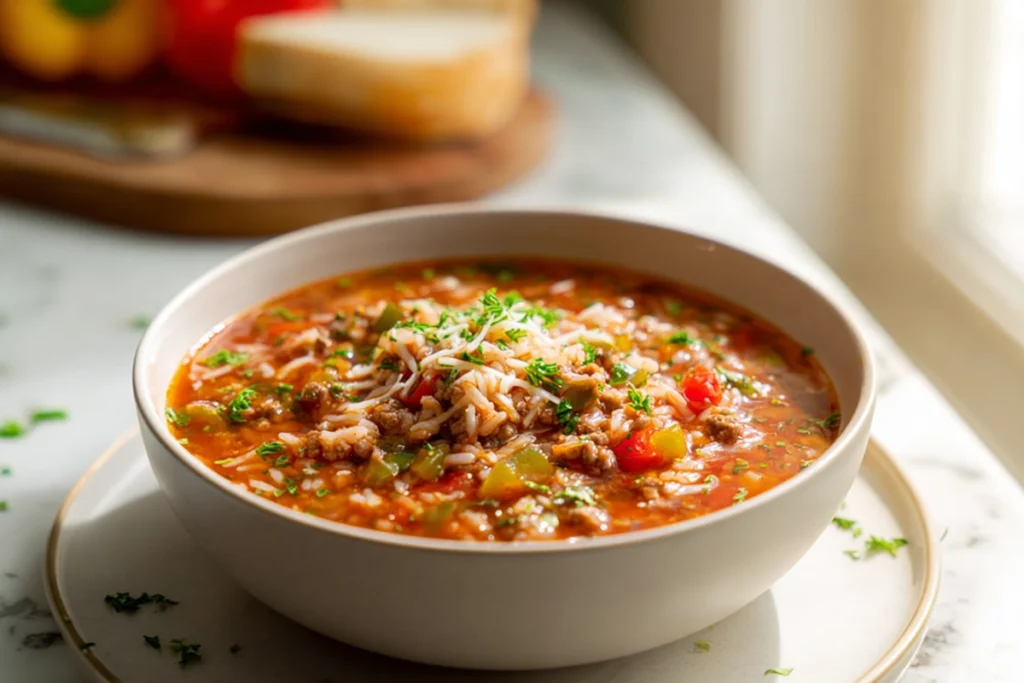 Homemade pepper soup served warm in a modern kitchen bowl