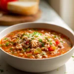 Homemade pepper soup served warm in a modern kitchen bowl