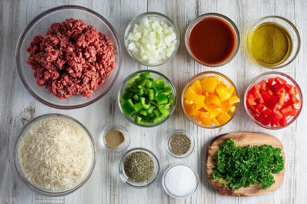 Ingredients for homemade pepper soup arranged overhead