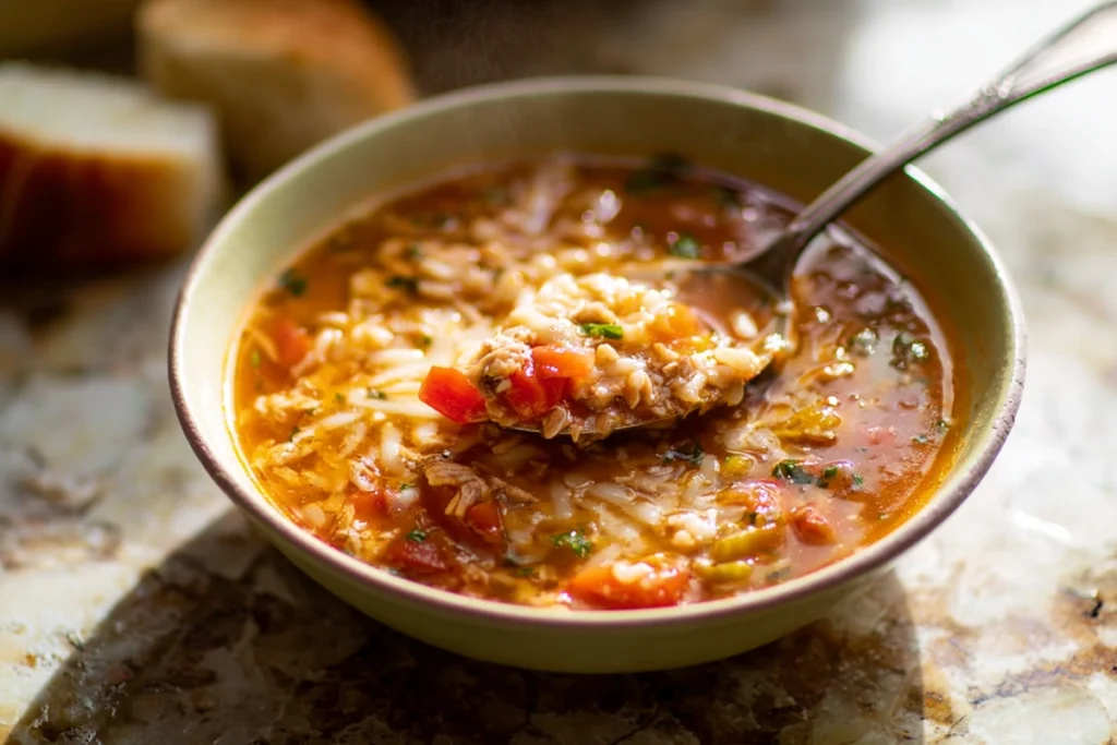 Warm pepper soup ready to eat with a spoonful taken
