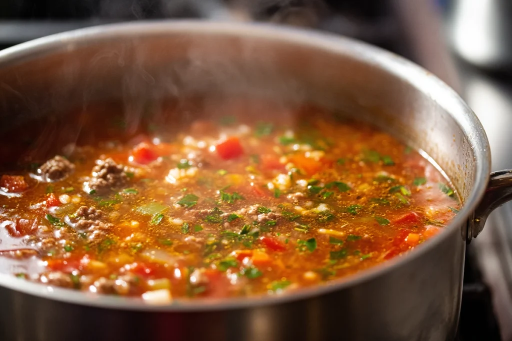 Pepper soup simmering gently in a pot on the stove