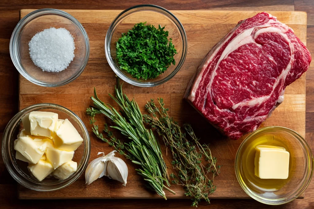 The Perfect Prime Rib Roast: A Foolproof Guide to a Juicy, Tender Centerpiece 8 overhead shot of prime rib roast ingredients with herbs, butter, and garlic