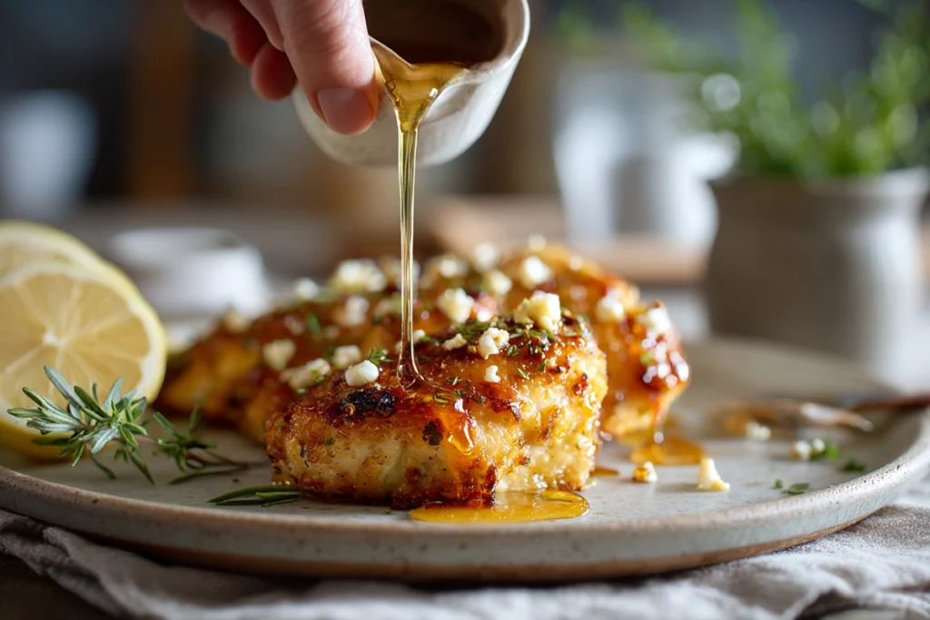 Hot Honey Feta Chicken – A Sweet and Spicy Dinner That’ll Win Everyone Over 10 Hot honey being drizzled over plated Hot Honey Feta Chicken before serving