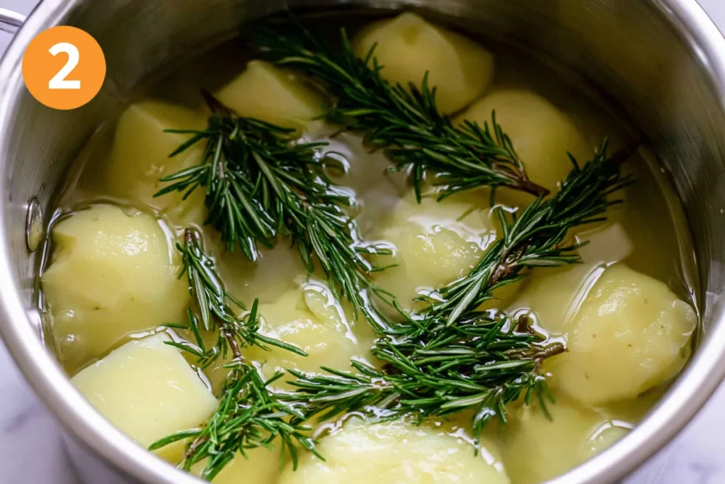 Rosemary Infused Roast Potatoes with Golden Crispy Edges 4 Potatoes parboiling with fresh rosemary for rosemary infused roast potatoes