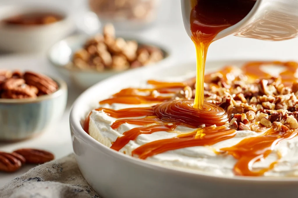 Cream Cheese Caramel Apple Dip – A Sweet Fall Favorite You’ll Crave All Year 10 Caramel sauce being poured over cream cheese layer for caramel apple dip