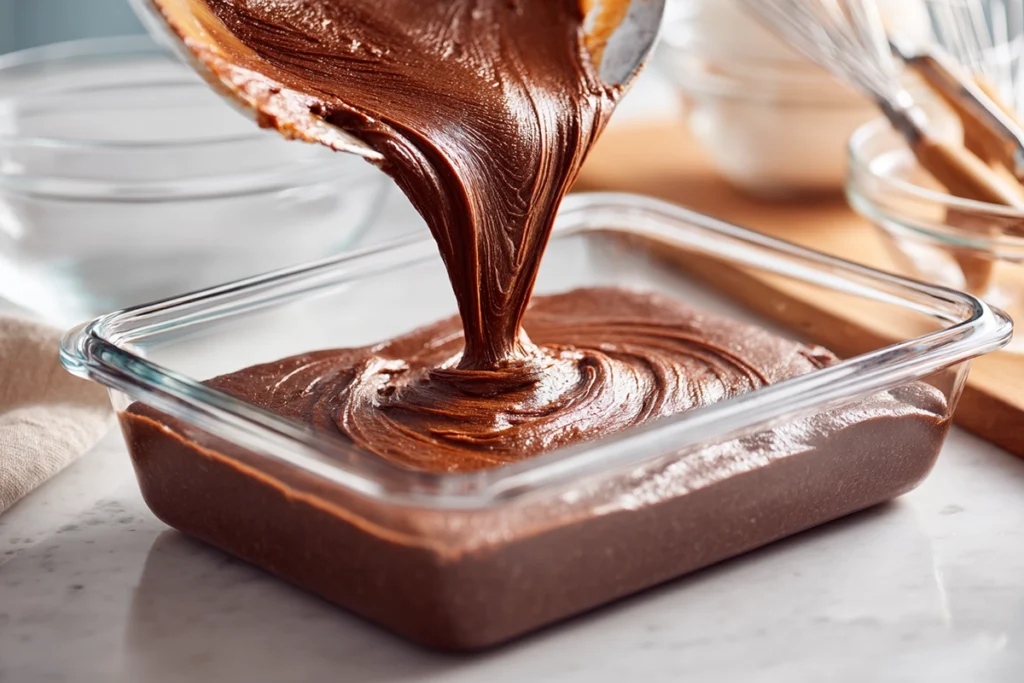 melted chocolate and condensed milk being poured over baked crack brownies base
