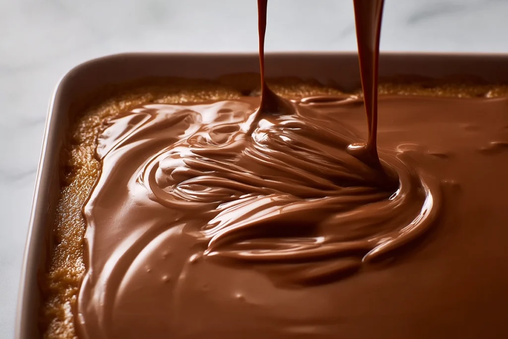 melted chocolate being poured over peanut butter base for no bake dessert peanut butter bars