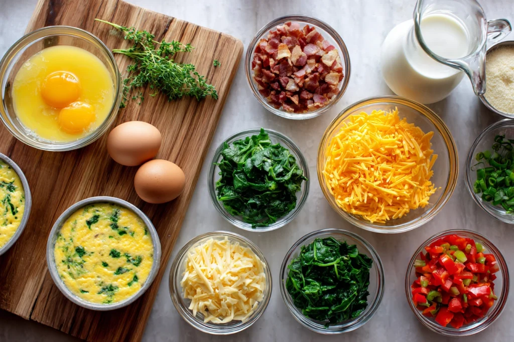 Fluffy Egg Muffins for Busy Mornings: A Healthy Make-Ahead Breakfast 7 overhead view of egg muffins ingredients arranged in glass bowls on white kitchen counter