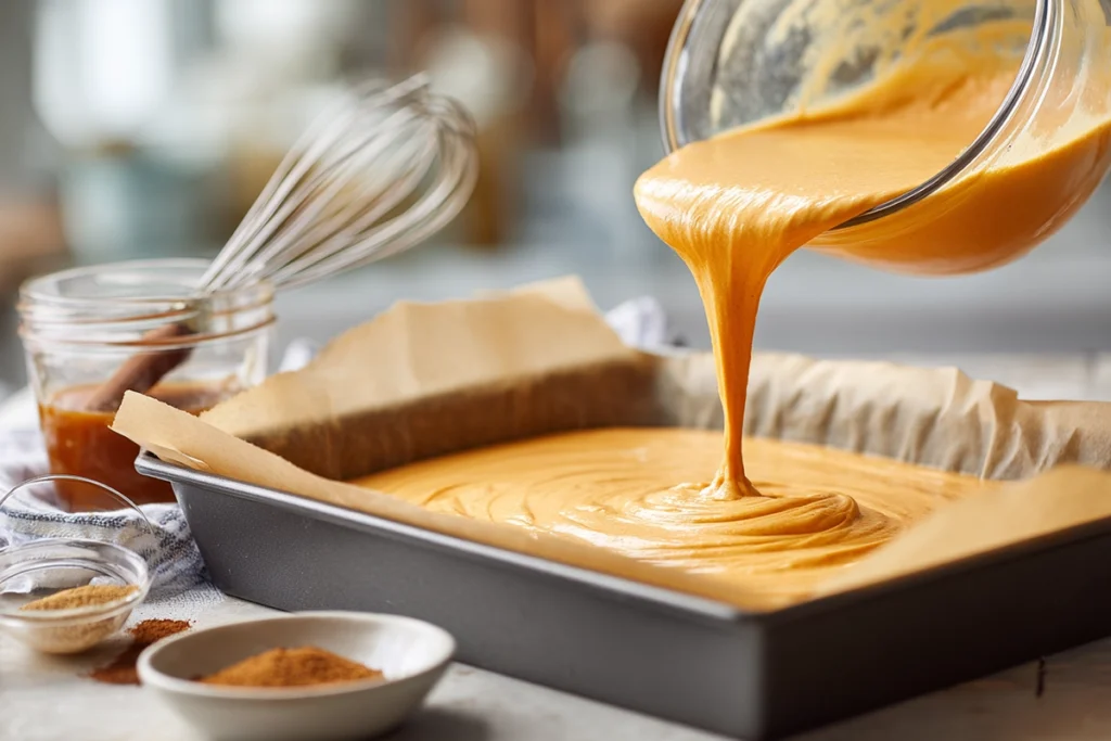 Irresistible Pumpkin Spice Cheesecake Bars You’ll Fall in Love With 9 pumpkin spice cheesecake filling being poured over graham crust in modern kitchen