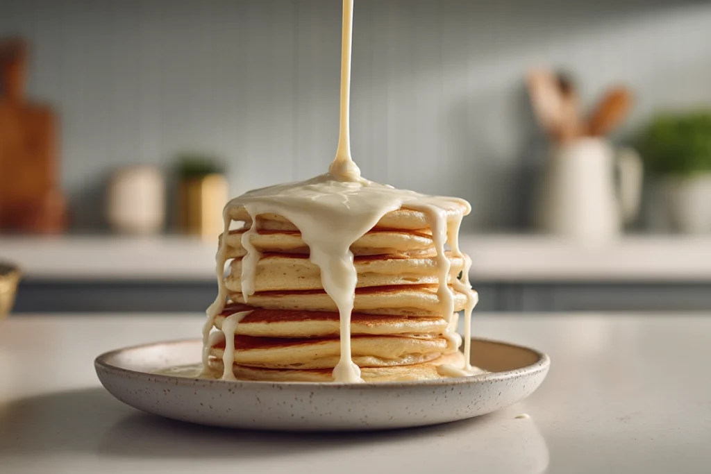 Fluffy Vegan Cinnamon Roll Pancakes That Taste Like a Cozy Morning Hug 9 : vegan cream cheese glaze being drizzled over fluffy cinnamon roll pancakes in modern kitchen