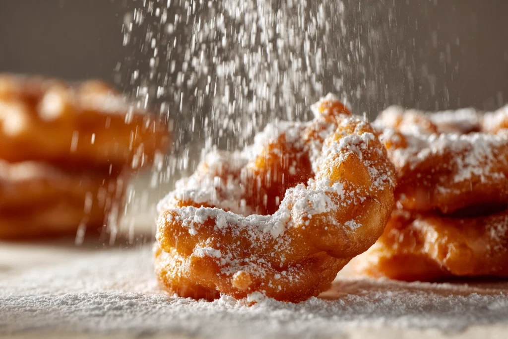 Close-up of powdered sugar dusting on funnel cake donuts in natural light