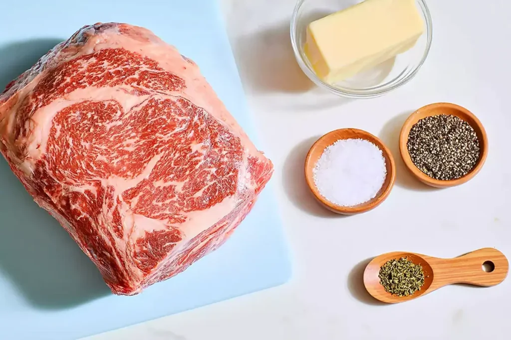Perfect Prime Rib Roast with Herb Butter and the Closed-Oven Method 3 Perfect prime rib roast ingredients with butter, black pepper, herbs, and salt