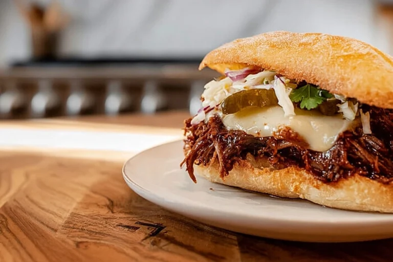 juicy pulled beef sandwich on a modern kitchen counter with melted cheese and coleslaw