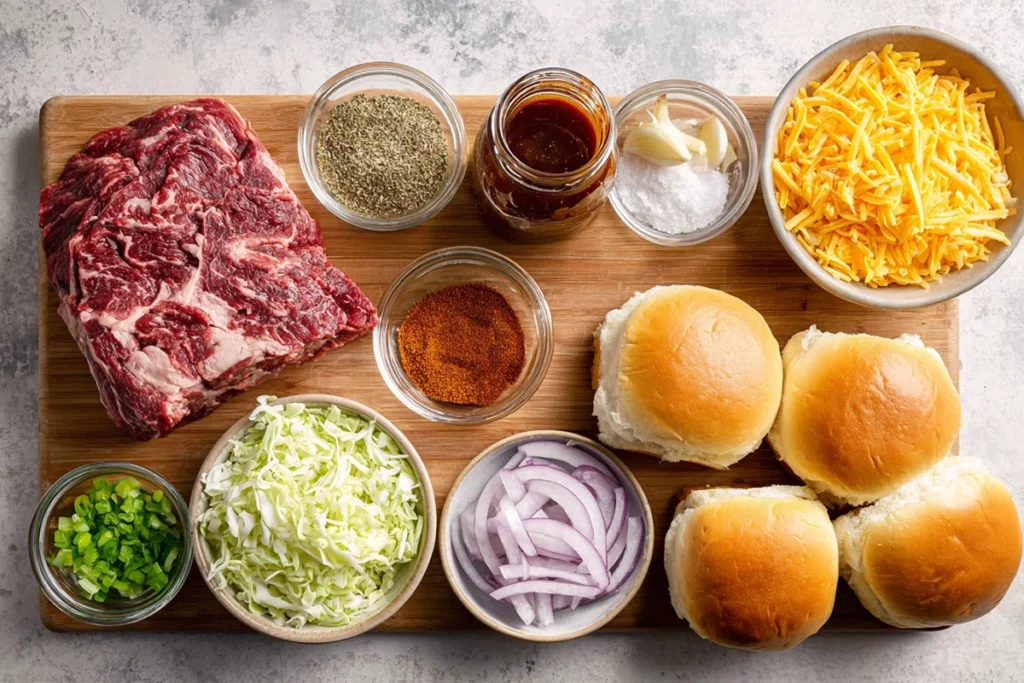 overhead view of pulled beef sandwich ingredients including beef, buns, cheese, BBQ sauce, and spices