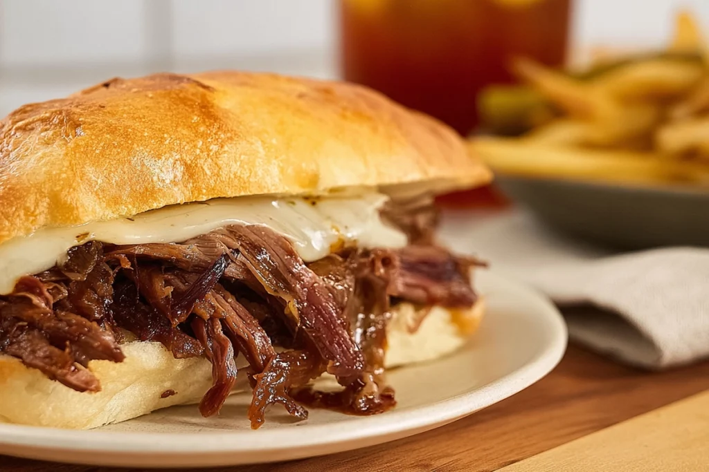 plated pulled beef sandwich with fries and iced tea in a bright modern kitchen setting