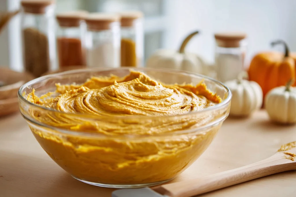Cozy Fall Baking: The Best Pumpkin Cinnamon Roll Muffins You’ll Ever Try 9 smooth pumpkin muffin batter in a glass bowl on marble countertop