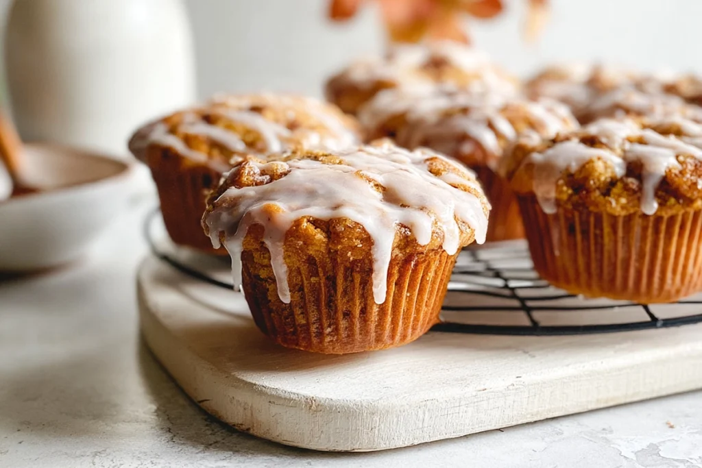 Cozy Fall Baking: The Best Pumpkin Cinnamon Roll Muffins You’ll Ever Try 11 glazed pumpkin cinnamon roll muffins cooling on rack in modern kitchen