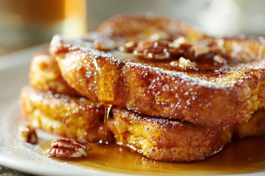 Cozy Pumpkin French Toast Breakfast You’ll Want Every Fall Weekend 10 macro close-up of pumpkin french toast breakfast with syrup drip and pecan garnish in soft daylight
