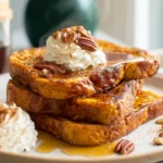 Cozy Pumpkin French Toast Breakfast You’ll Want Every Fall Weekend 11 close-up of pumpkin french toast breakfast stacked with syrup and whipped cream in bright modern kitchen