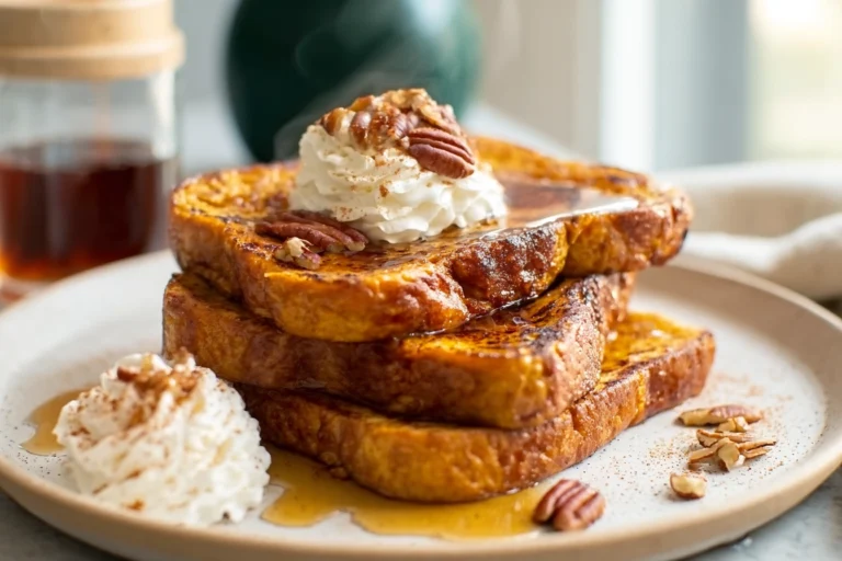close-up of pumpkin french toast breakfast stacked with syrup and whipped cream in bright modern kitchen