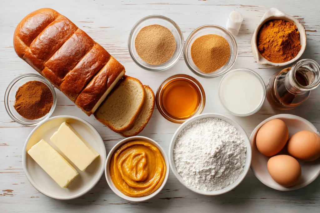 Cozy Pumpkin French Toast Breakfast You’ll Want Every Fall Weekend 7 overhead shot of pumpkin french toast breakfast ingredients including pumpkin puree, spices, eggs, and brioche bread on wooden counter
