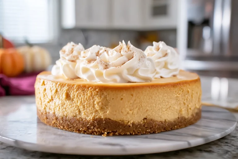 Photorealistic 8K image of pumpkin pie cheesecake on marble counter with warm daylight