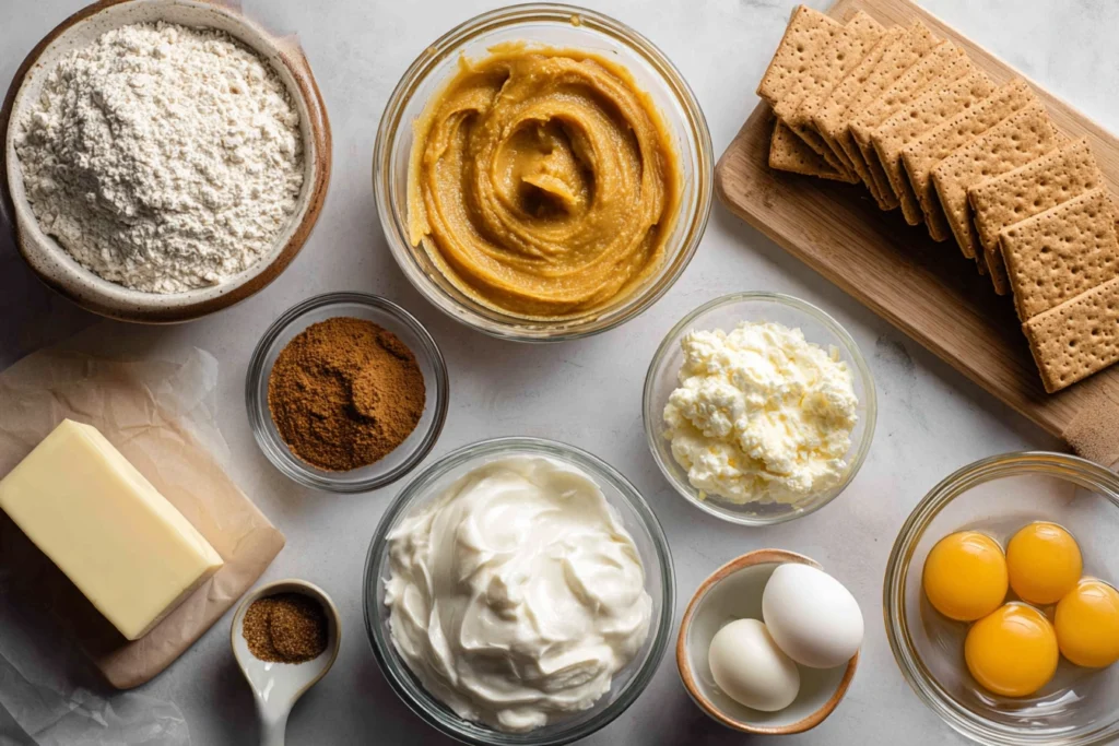 Irresistible Pumpkin Pie Cheesecake: A Creamy Fall Favorite 8 Overhead 8K photo of pumpkin pie cheesecake ingredients in glass bowls on marble counter