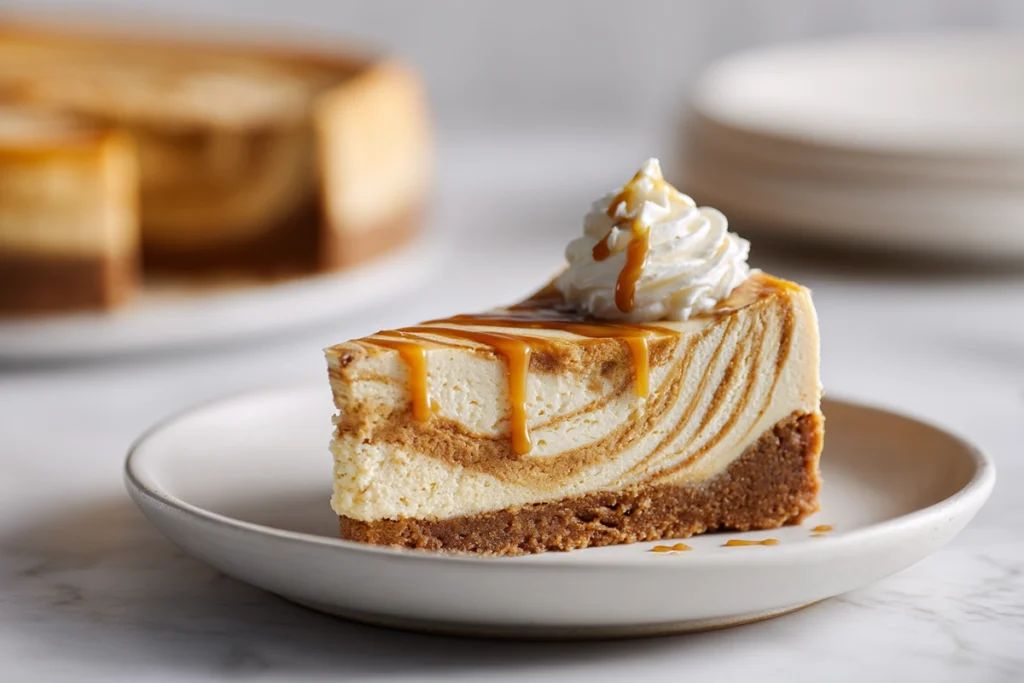 Irresistible Pumpkin Pie Cheesecake: A Creamy Fall Favorite 11 8K realistic photo of pumpkin pie cheesecake slice with caramel drizzle and whipped cream