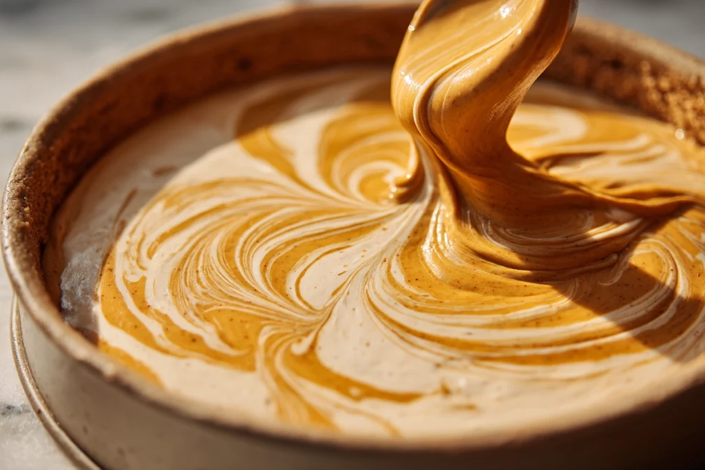 Irresistible Pumpkin Pie Cheesecake: A Creamy Fall Favorite 9 Close-up 8K photo of pumpkin and vanilla cheesecake batter swirled before baking