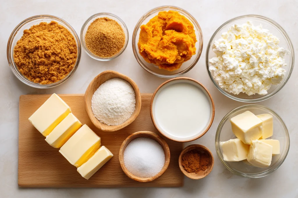 Irresistible Pumpkin Spice Cheesecake Bars You’ll Fall in Love With 8 overhead view of pumpkin spice cheesecake bar ingredients arranged on a modern kitchen counter