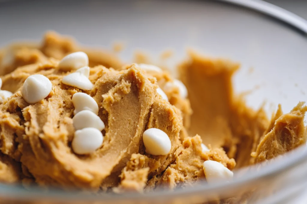 Soft and Chewy Pumpkin White Chocolate Chip Cookies 8 close-up of pumpkin white chocolate chip cookie dough being mixed in glass bowl