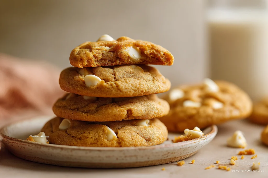 Soft and Chewy Pumpkin White Chocolate Chip Cookies 10 stack of pumpkin white chocolate chip cookies with bite revealing chewy inside