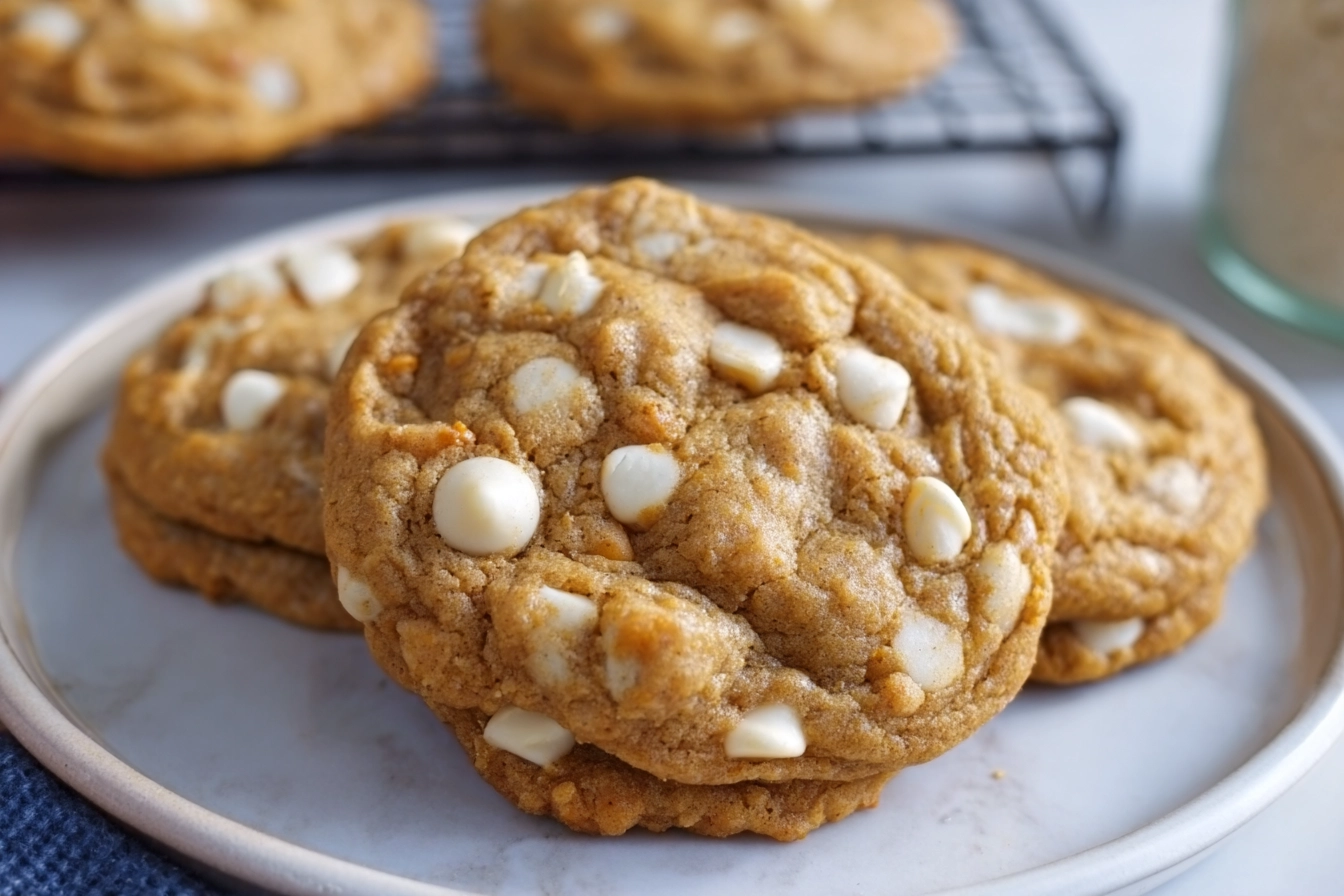 Soft and Chewy Pumpkin White Chocolate Chip Cookies 6 fresh-baked pumpkin white chocolate chip cookies on modern kitchen counter