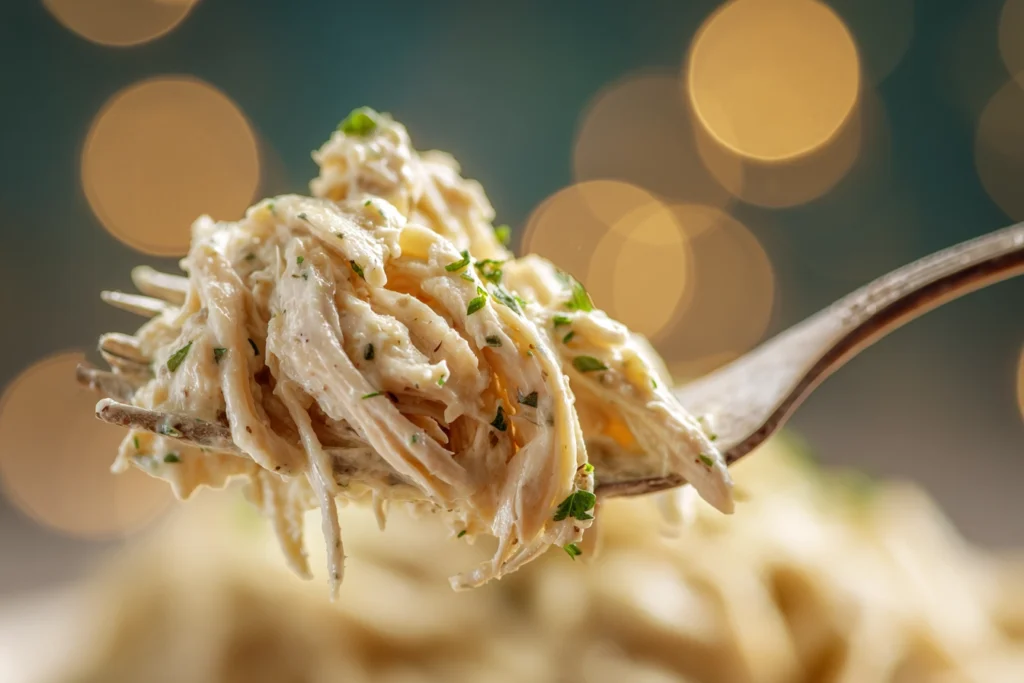 close-up of ranch chicken crock pot showing creamy ranch sauce coating tender shredded chicken