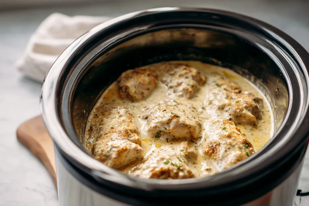 creamy ranch chicken cooking in slow cooker with ranch sauce bubbling on the sides