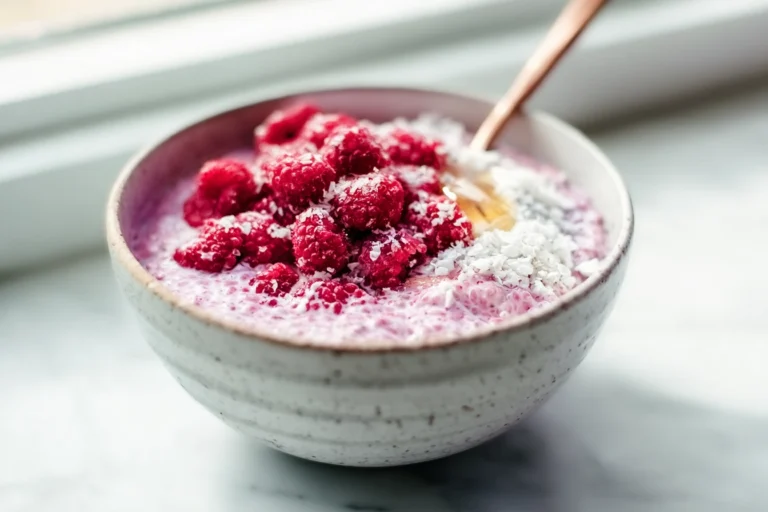 photorealistic raspberry chia pudding in a modern kitchen with natural lighting