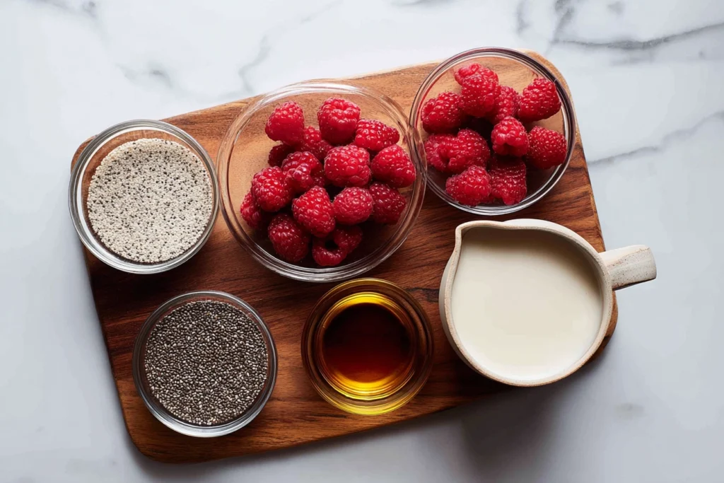 overhead flatlay of raspberry chia pudding ingredients arranged in glass bowls on marble countertop