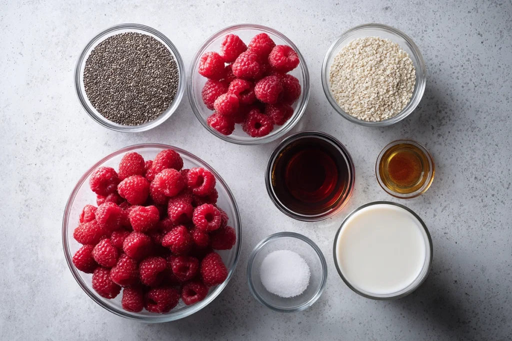 ingredients for raspberry chia pudding arranged neatly overhead