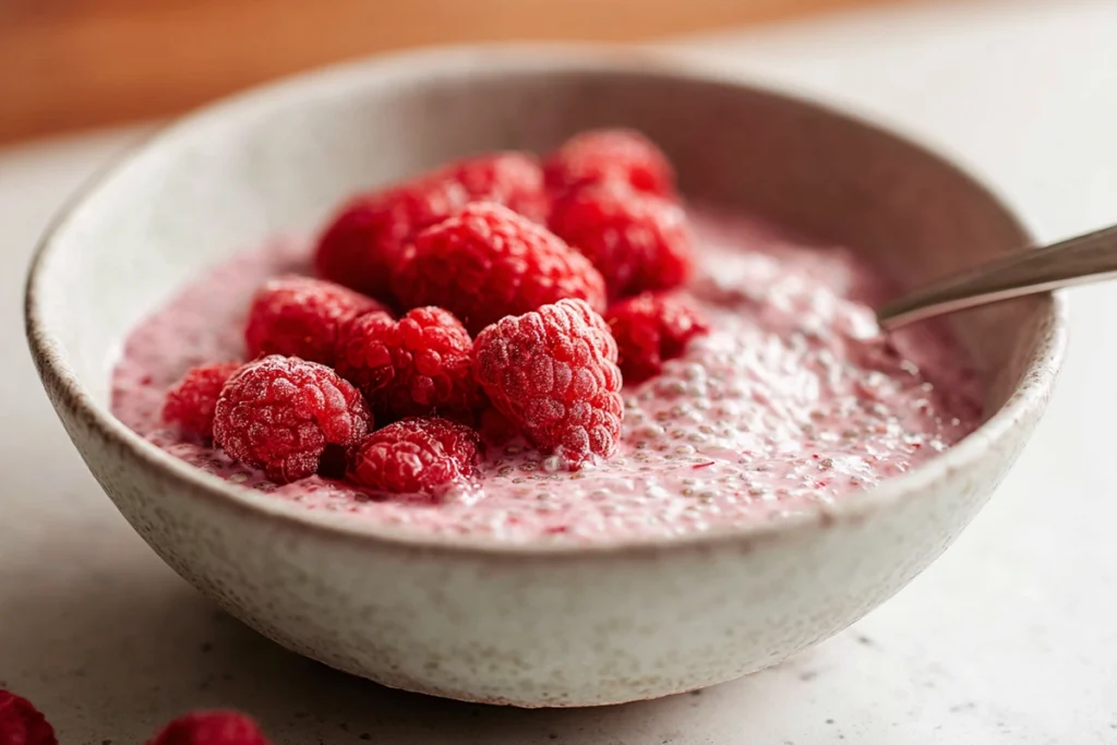 spoonful of raspberry chia pudding showing creamy texture