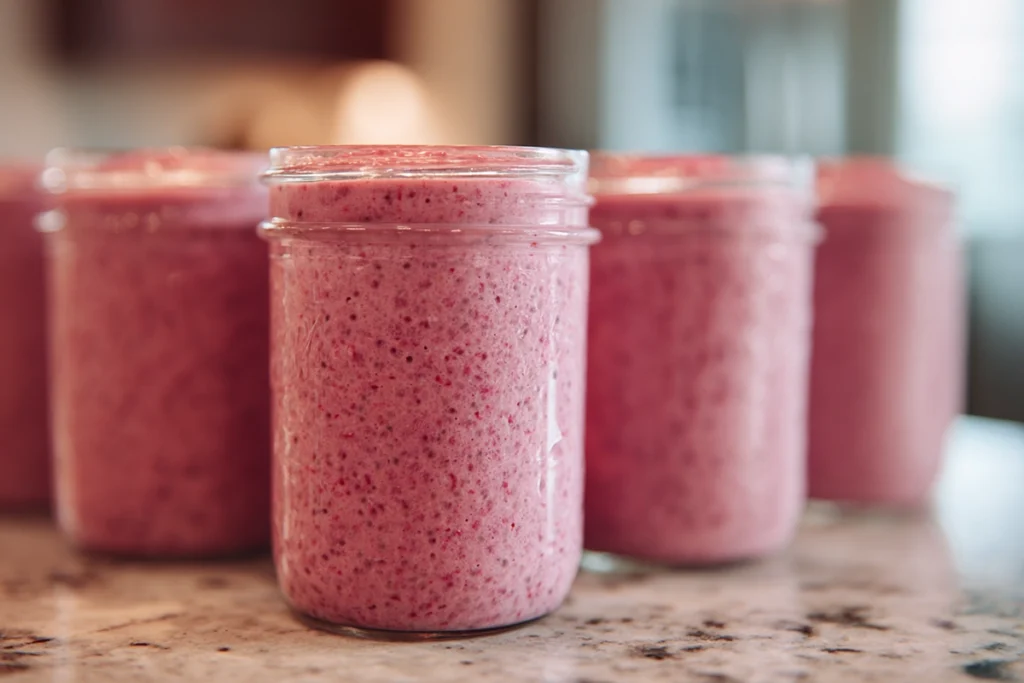 raspberry chia pudding thickened and set after chilling