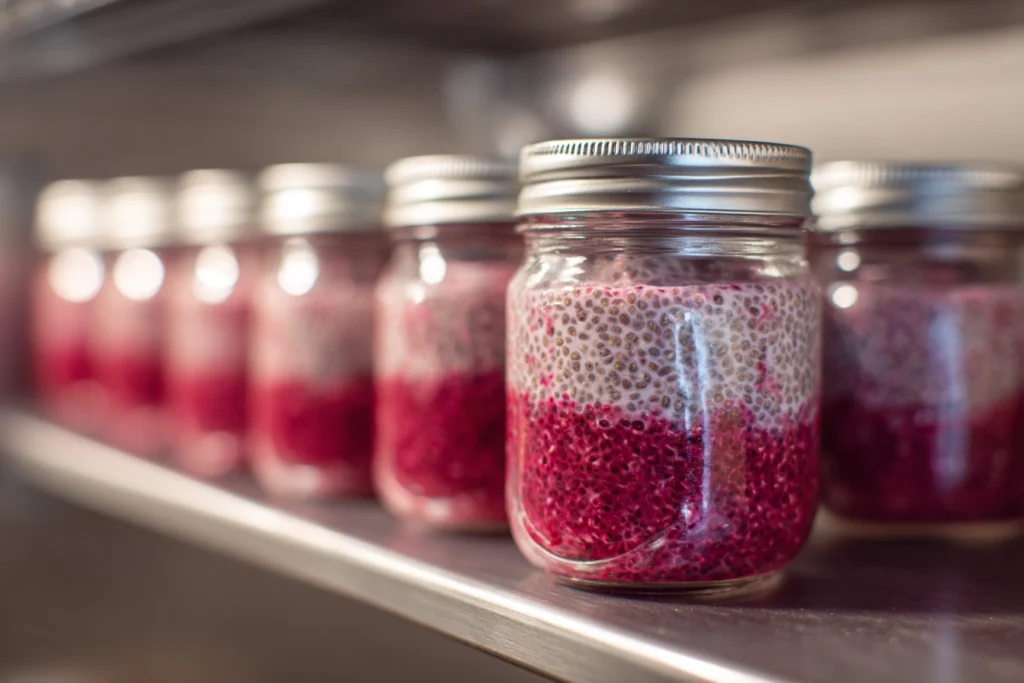 jars of raspberry chia pudding setting in refrigerator under natural light