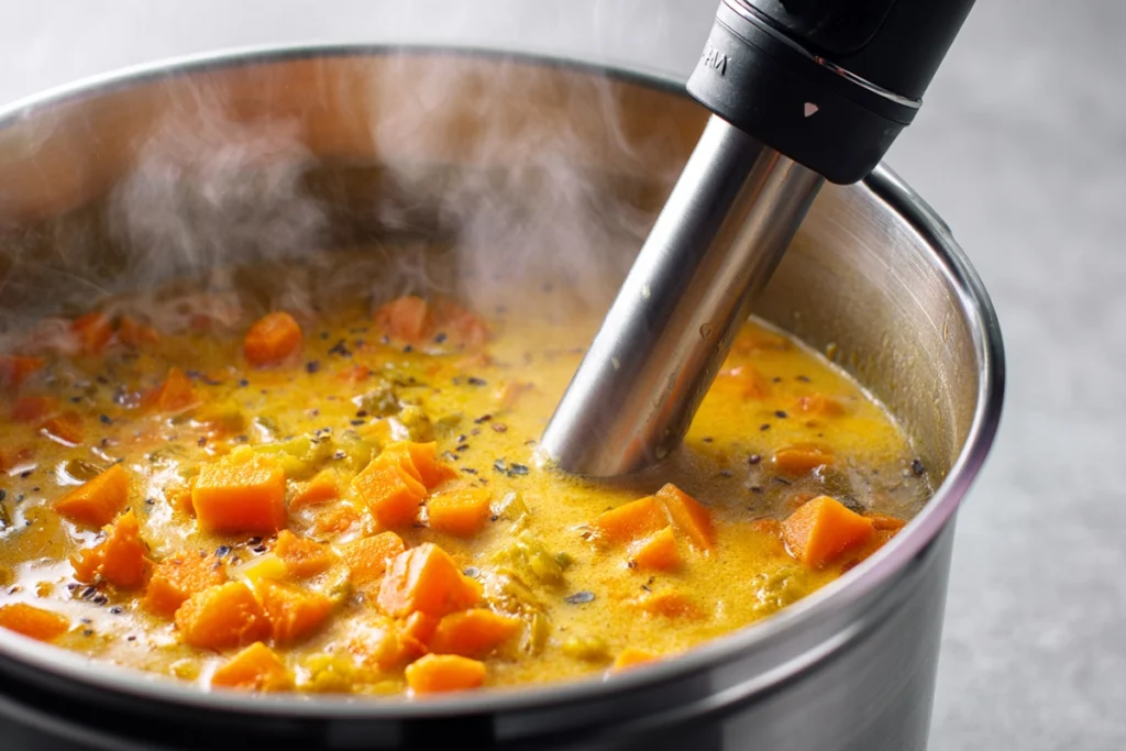 Roasted Vegetable Soup: A Cozy Bowl of Flavor and Comfort 10 blending roasted vegetable soup with immersion blender in modern kitchen