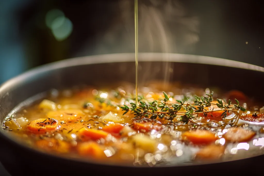 Roasted Vegetable Soup: A Cozy Bowl of Flavor and Comfort 11 close-up of roasted vegetable soup with olive oil drizzle and thyme garnish