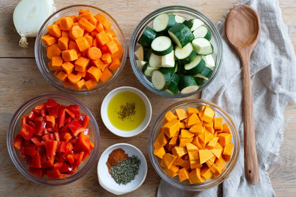 Roasted Vegetable Soup: A Cozy Bowl of Flavor and Comfort 8 overhead flatlay of roasted vegetable soup ingredients in glass bowls on wooden board