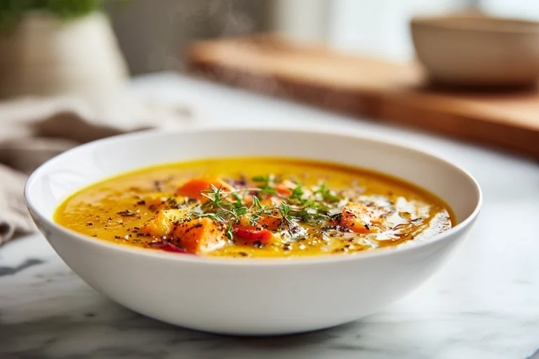 photorealistic roasted vegetable soup in a modern kitchen with natural lighting