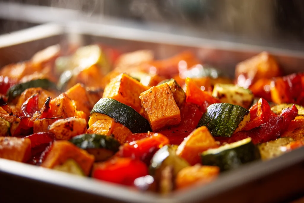 Roasted Vegetable Soup: A Cozy Bowl of Flavor and Comfort 9 close-up of roasted vegetables on baking tray for roasted vegetable soup