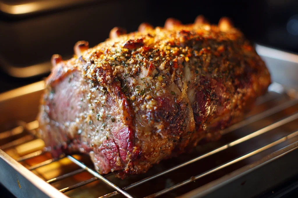 perfect prime rib roast roasting in the oven as the crust develops