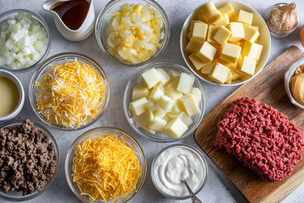 ingredients for crockpot cheeseburger soup including ground beef, cheese, potatoes, and broth arranged on countertop